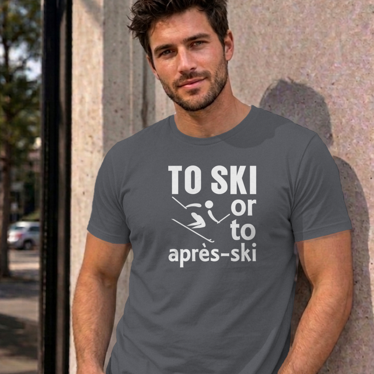 Man wearing the charcoal Ski graphic tee