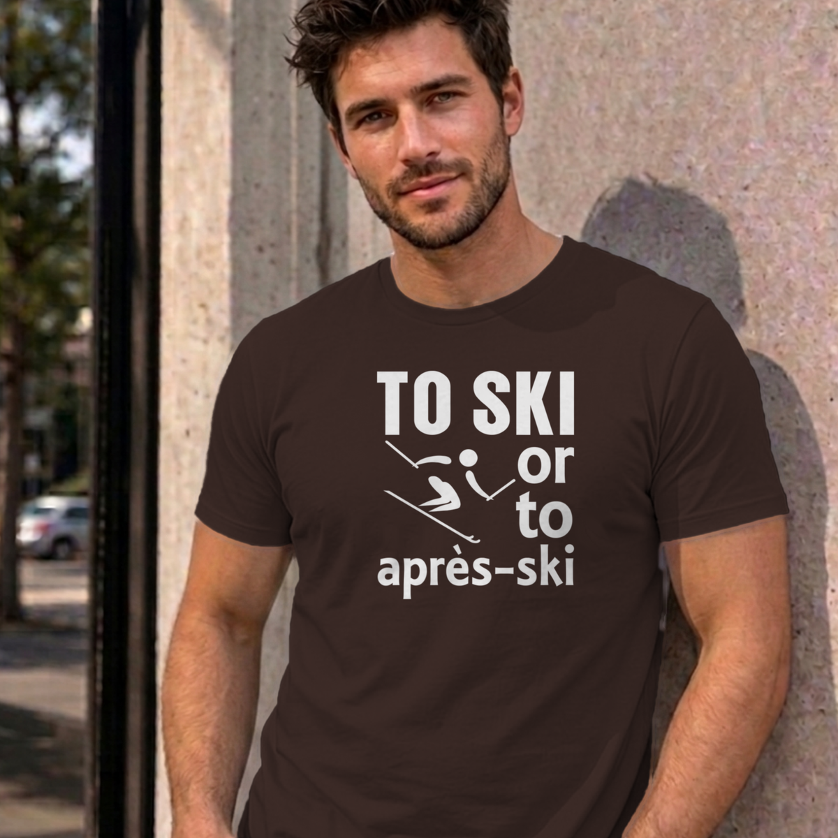 Man wearing the dark chocolate Ski graphic tee