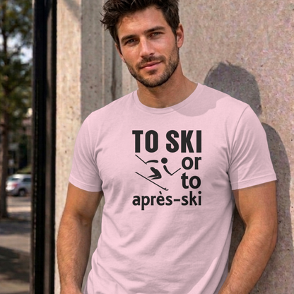 Man wearing the light pink Ski graphic tee
