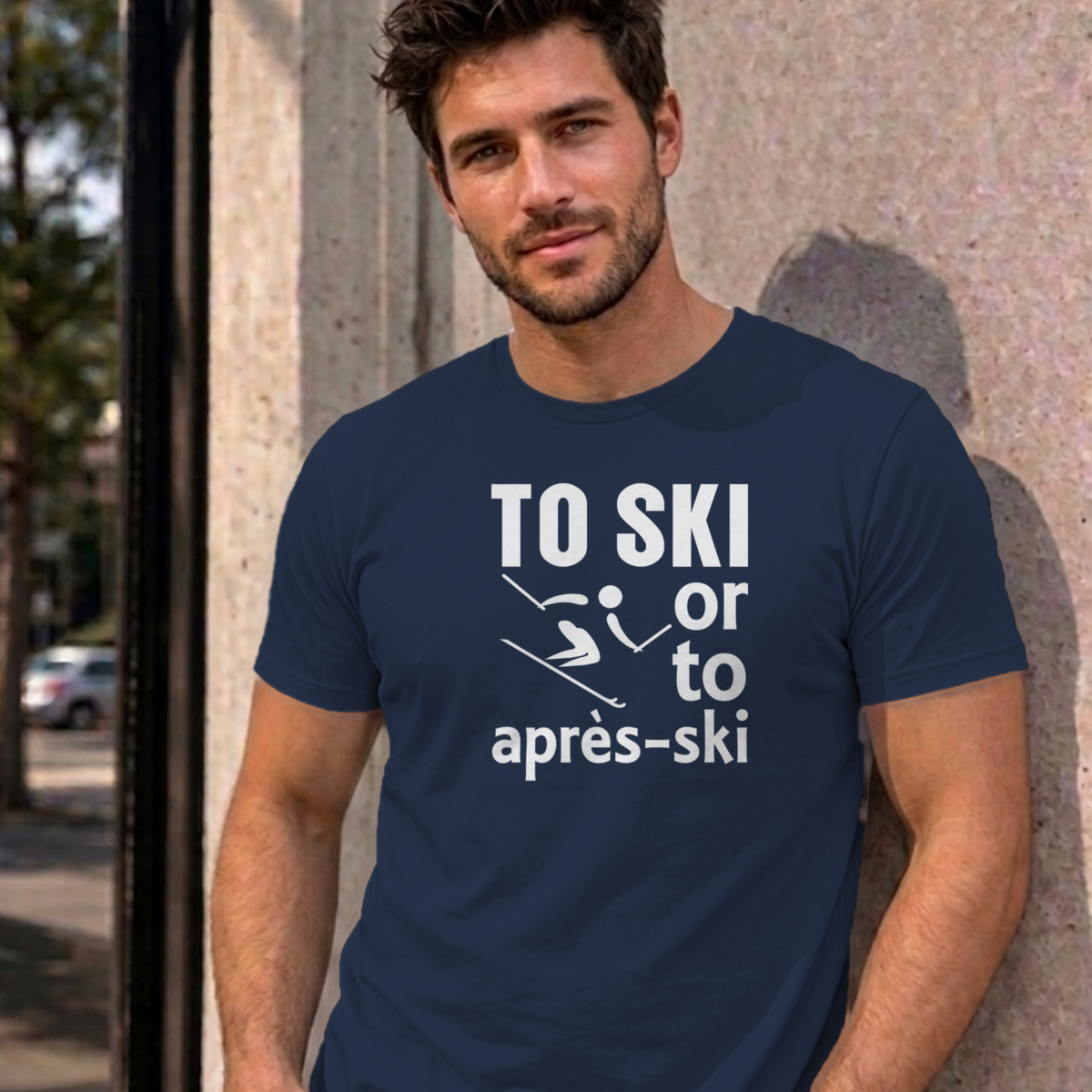 Man wearing the navy Ski graphic tee