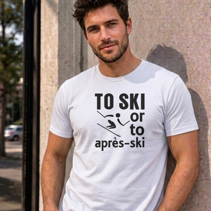 Man wearing the white Ski graphic tee