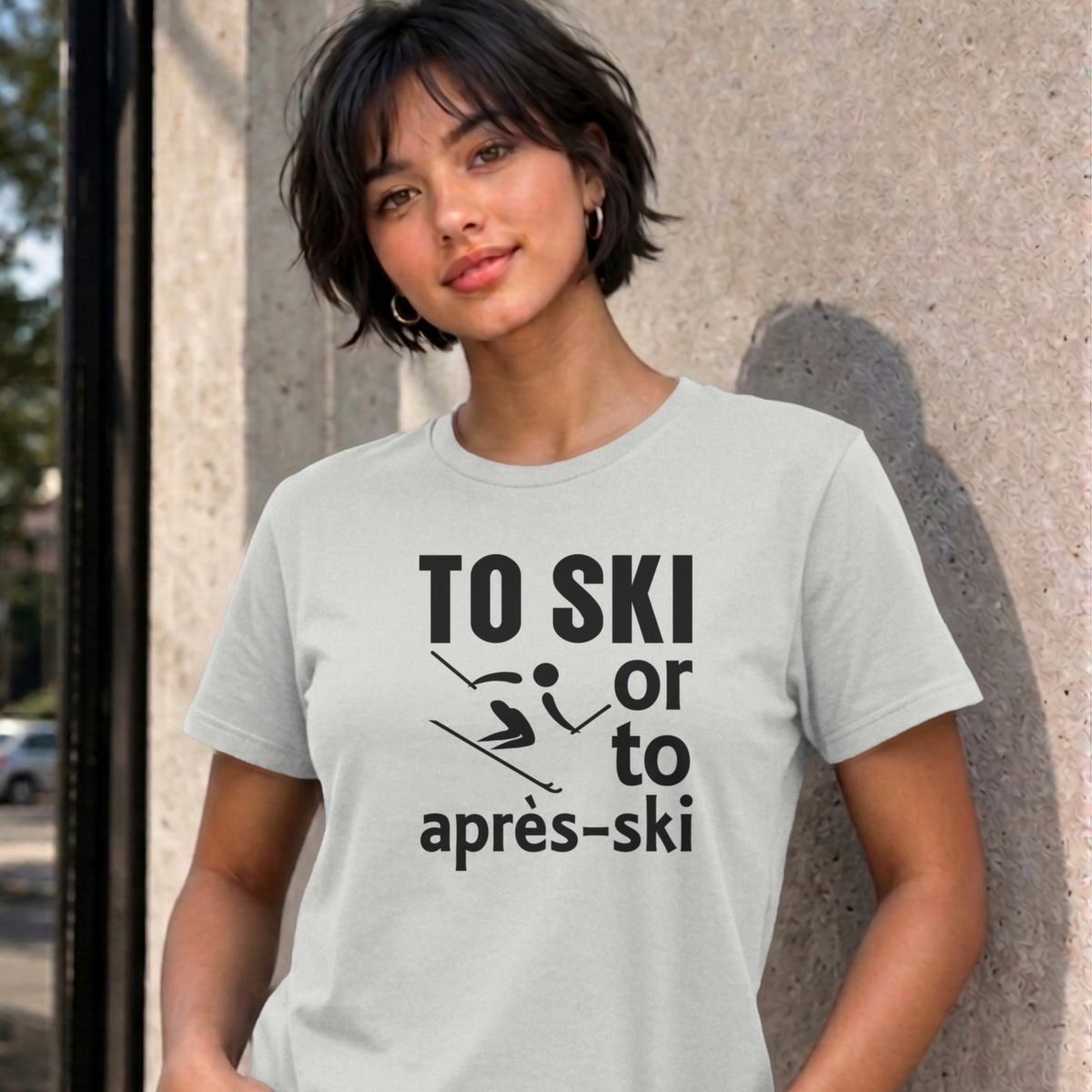 Woman wearing the ash Ski graphic tee