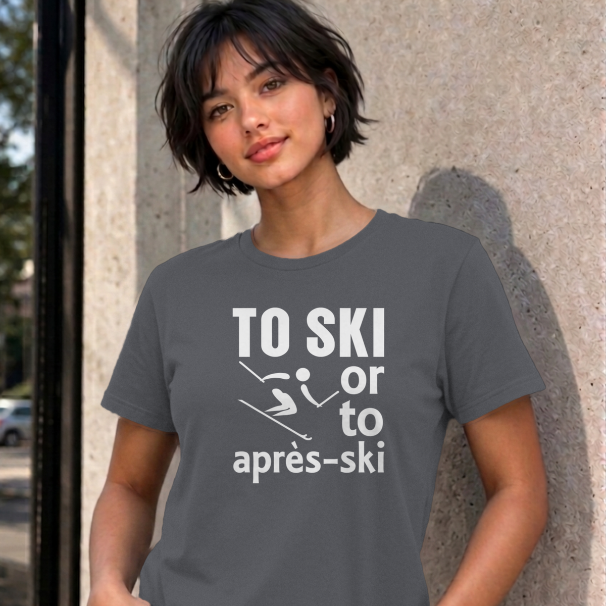 Woman wearing the charcoal Ski graphic tee