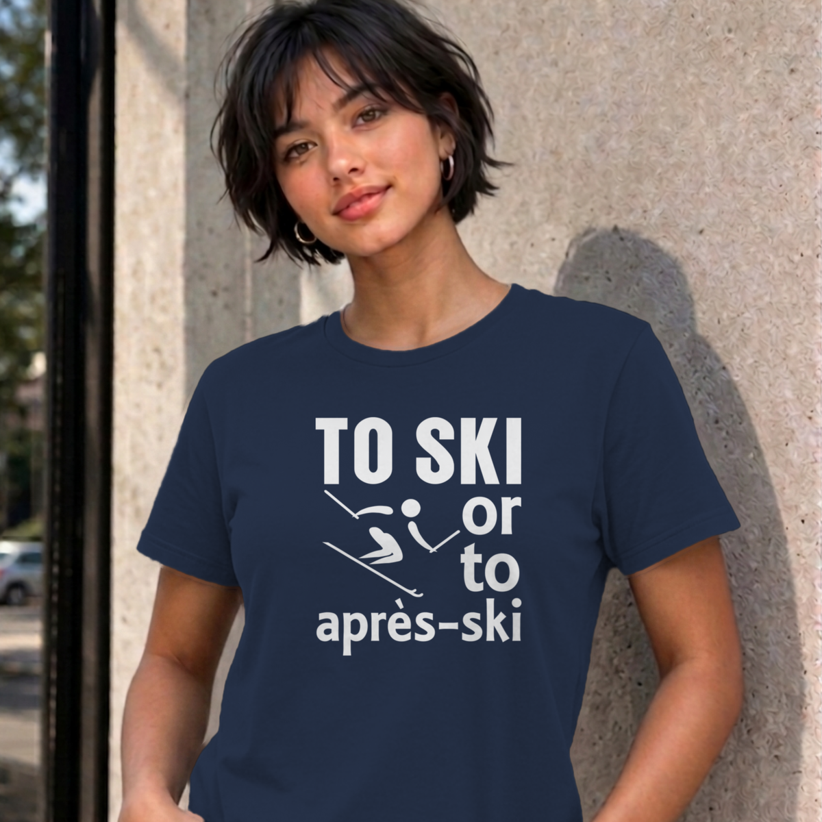 Woman wearing the navy Ski graphic tee