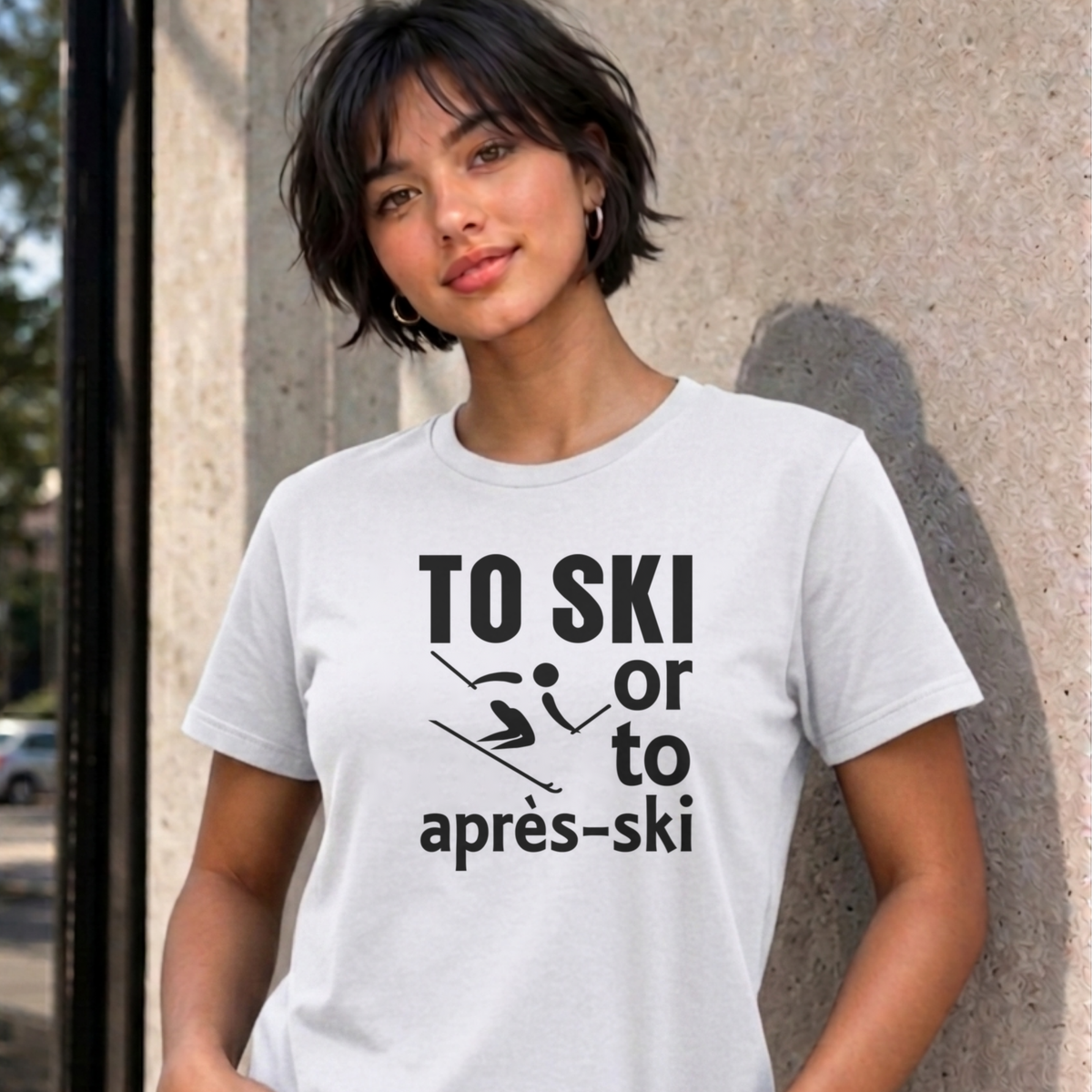 Woman wearing the white Ski graphic tee