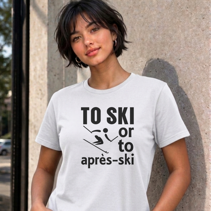 Woman wearing the white Ski graphic tee