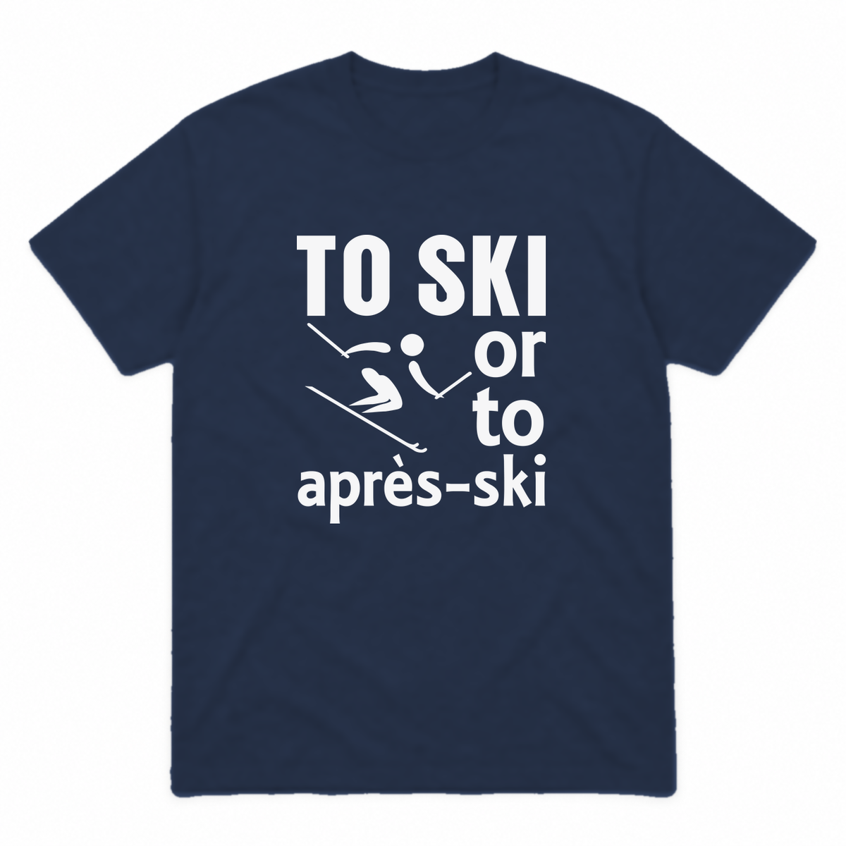 Ski graphic tee in navy with white print, front view