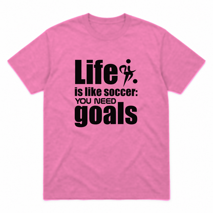 Life Is Like Soccer graphic tee in azalea with black print, front view
