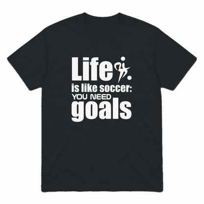 Life Is Like Soccer graphic tee in black with white print, front view