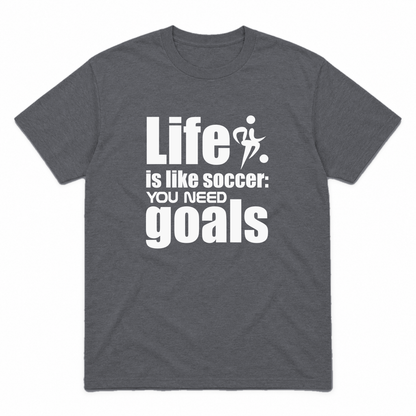Life Is Like Soccer graphic tee in charcoal with white print, front view