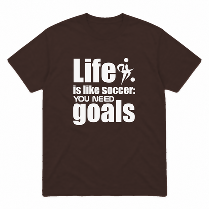 Life Is Like Soccer graphic tee in dark chocolate with white print, front view