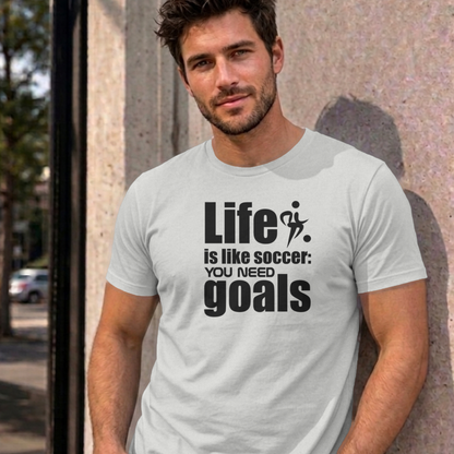 Man wearing the ash Life Is Like Soccer graphic tee