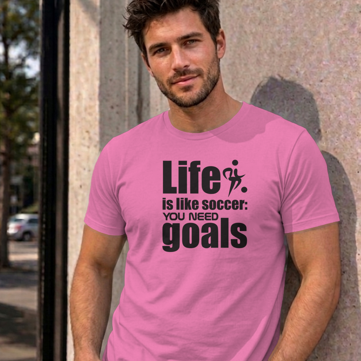 Man wearing the azalea Life Is Like Soccer graphic tee