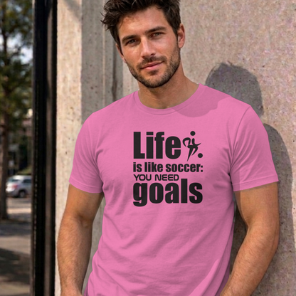 Man wearing the azalea Life Is Like Soccer graphic tee