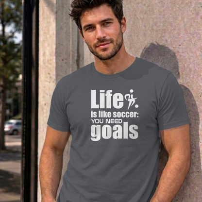 Man wearing the charcoal Life Is Like Soccer graphic tee