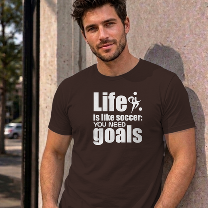 Man wearing the dark chocolate Life Is Like Soccer graphic tee