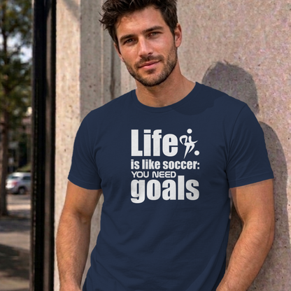 Man wearing the navy Life Is Like Soccer graphic tee