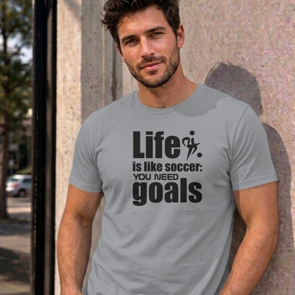 Man wearing the sport grey Life Is Like Soccer graphic tee