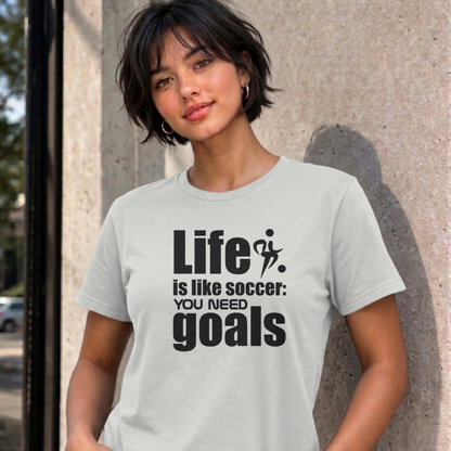 Woman wearing the ash Life Is Like Soccer graphic tee