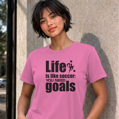 Woman wearing the azalea Life Is Like Soccer graphic tee