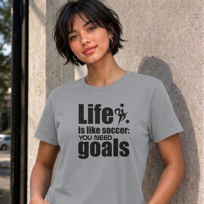 Woman wearing the sport grey Life Is Like Soccer graphic tee