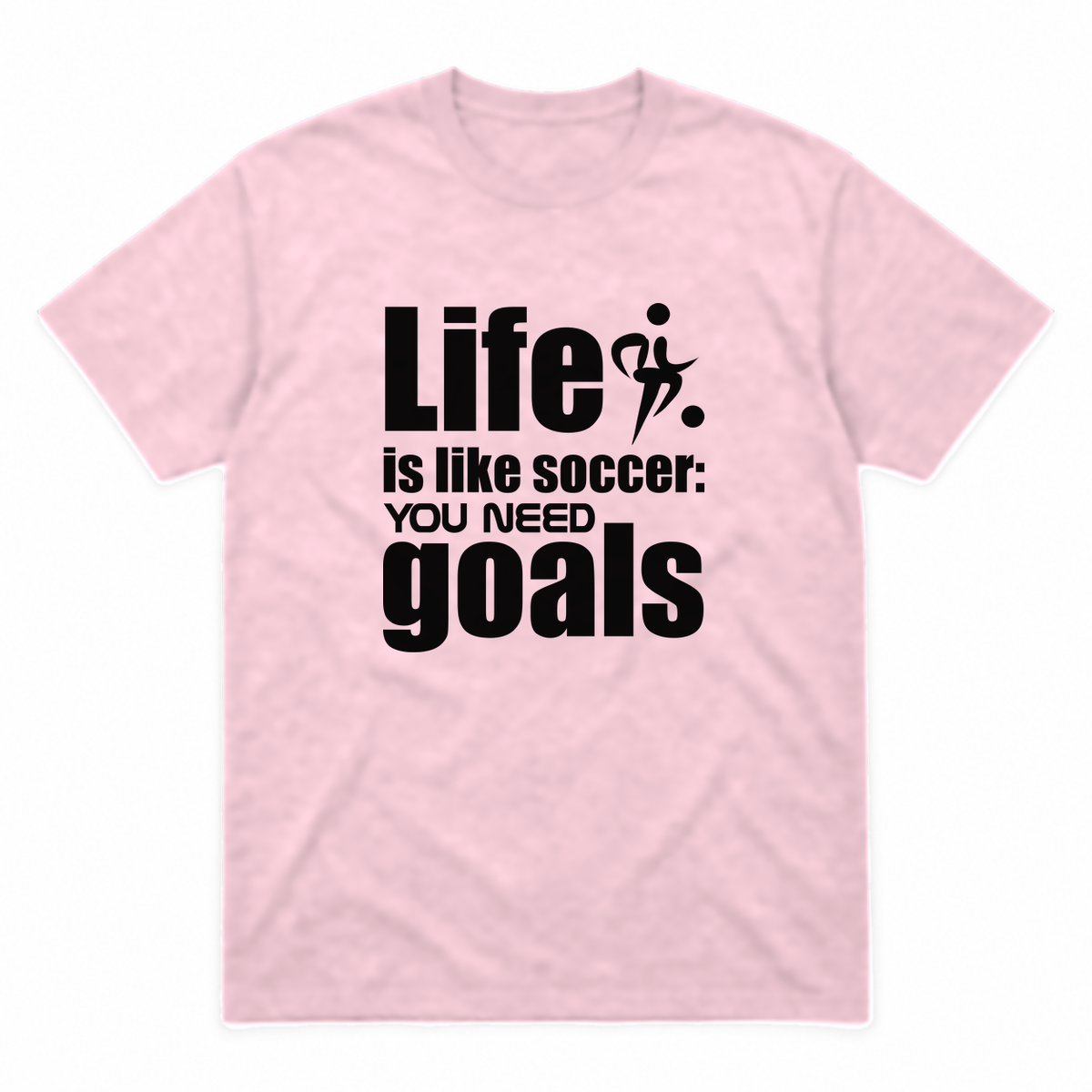 Life Is Like Soccer graphic tee in light pink with black print, front view