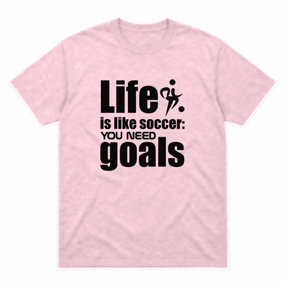 Life Is Like Soccer graphic tee in light pink with black print, front view