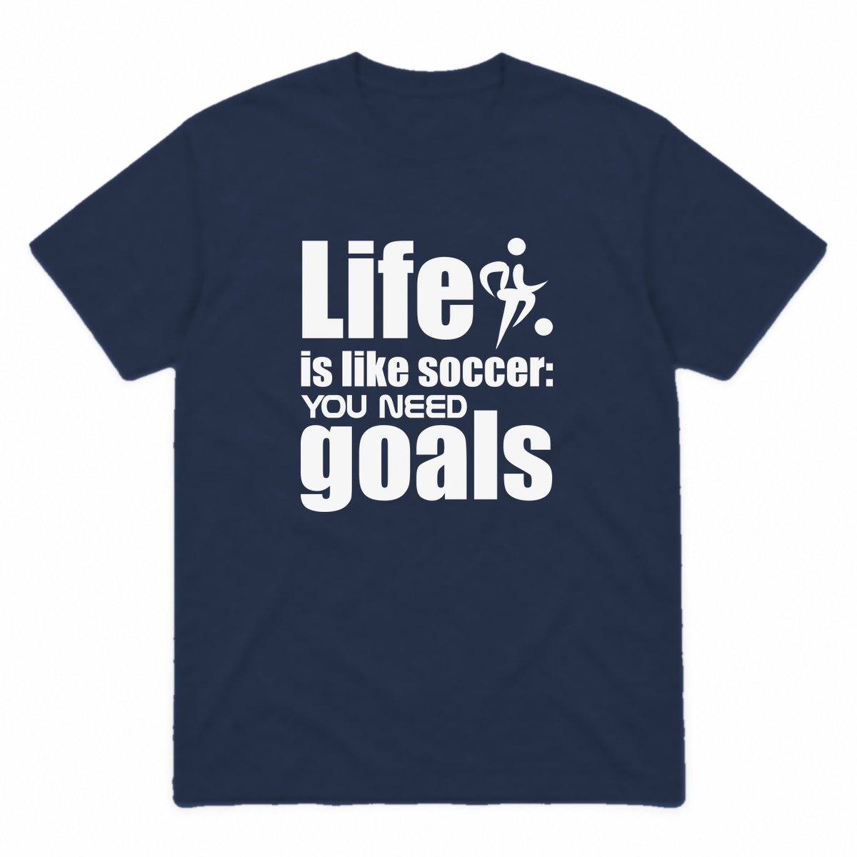 Life Is Like Soccer graphic tee in navy with white print, front view