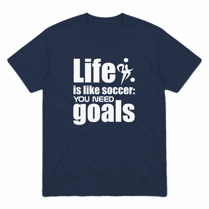 Life Is Like Soccer graphic tee in navy with white print, front view