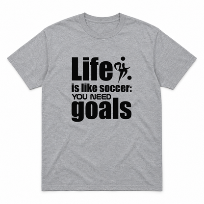 Life Is Like Soccer graphic tee in sport grey with black print, front view