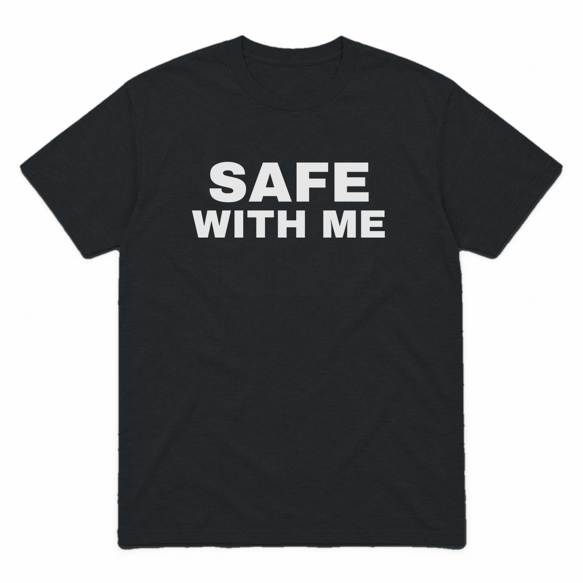 Safe With Me graphic tee in black with bold white lettering, front view