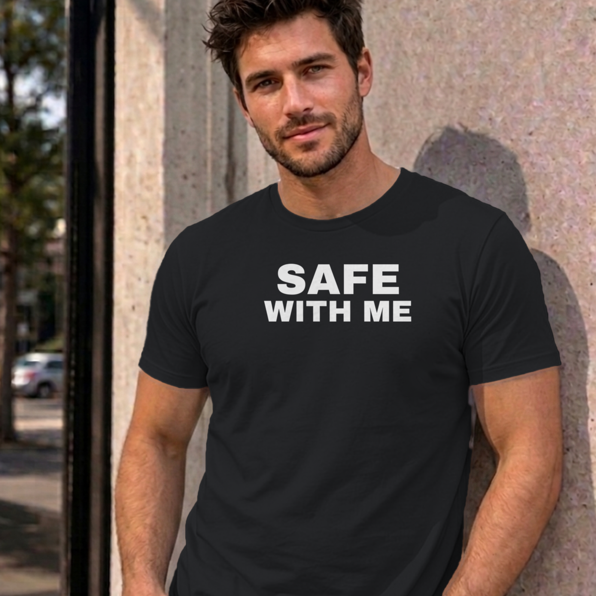 Man wearing the black Safe With Me graphic tee