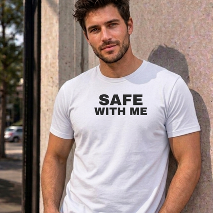 Man wearing the white Safe With Me graphic tee