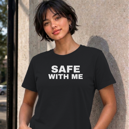 Woman wearing the black Safe With Me graphic tee