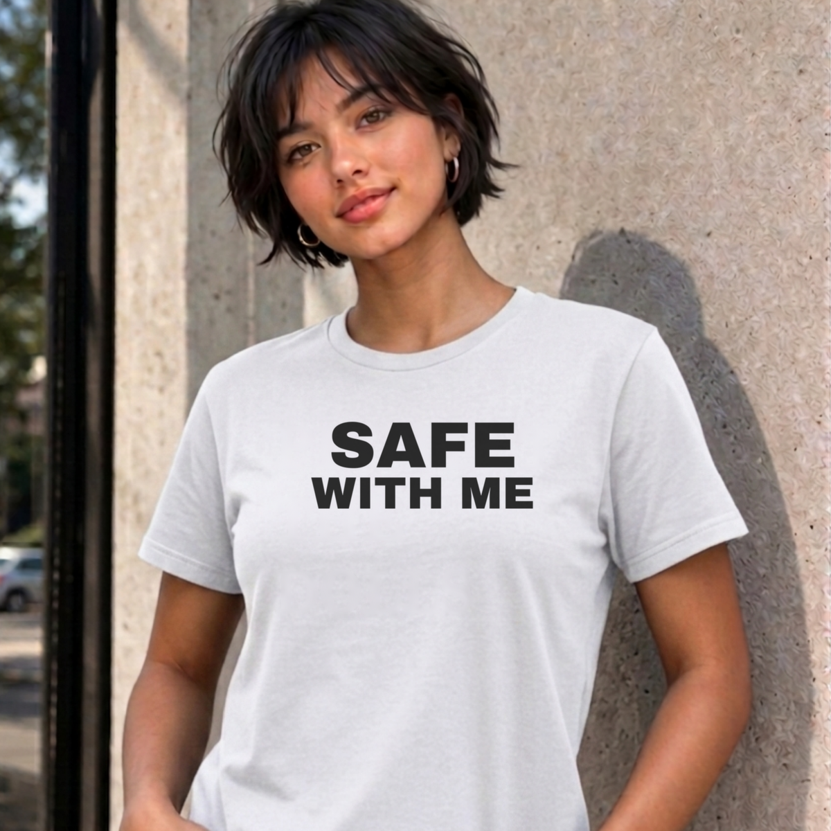 Woman wearing the white Safe With Me graphic tee