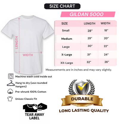 Gildan 5000 unisex size chart: Small to XX-Large, length and width in inches