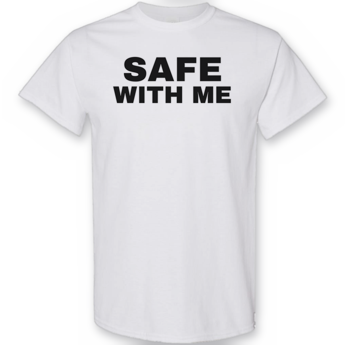 Safe With Me graphic tee in white with bold black lettering, front view