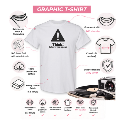 Gildan 5000 graphic tee features: reinforced neck, rib collar, classic unisex fit, heavy cotton