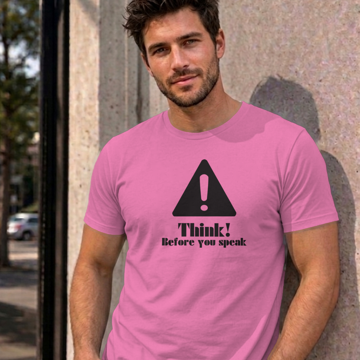 Man wearing the azalea Think Before You Speak graphic tee