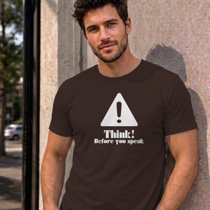Man wearing the dark chocolate Think Before You Speak graphic tee