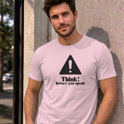Man wearing the light pink Think Before You Speak graphic tee