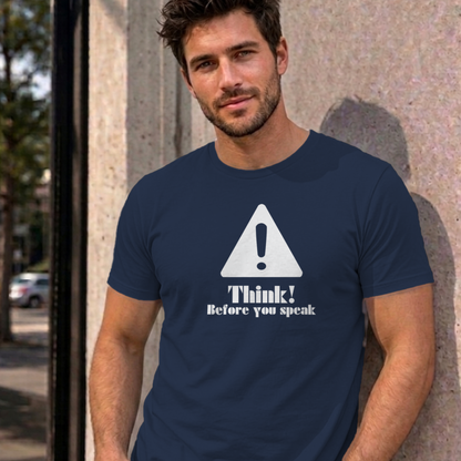 Man wearing the navy Think Before You Speak graphic tee