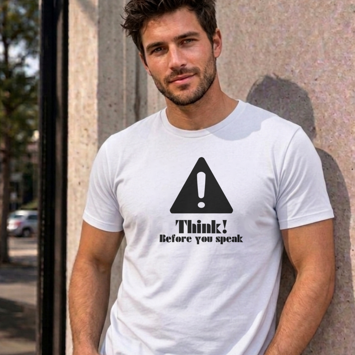 Man wearing the white Think Before You Speak graphic tee