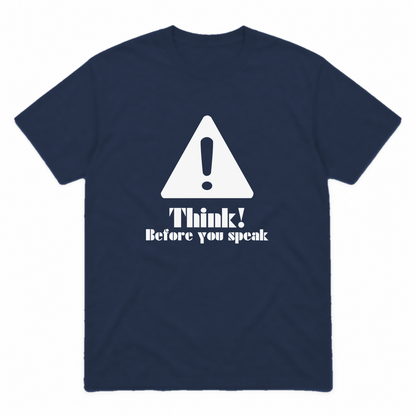 Think Before You Speak graphic tee in navy with white print, front view
