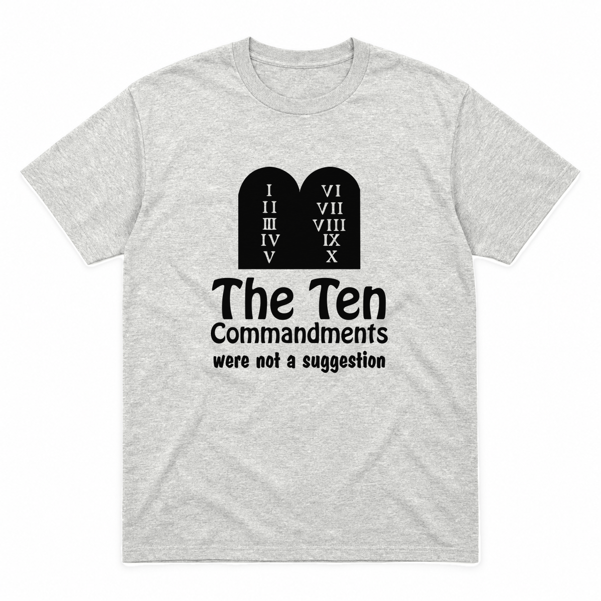 Ten Commandments graphic tee in ash with black print, front view
