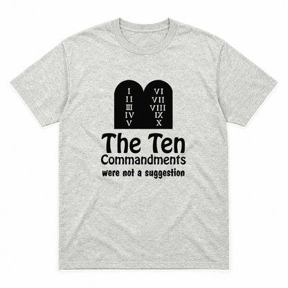 Ten Commandments graphic tee in ash with black print, front view