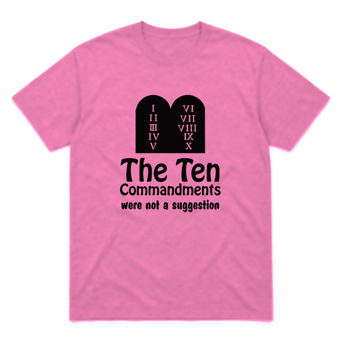 Ten Commandments graphic tee in azalea with black print, front view