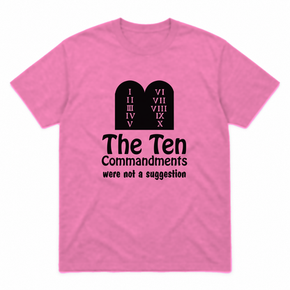 Ten Commandments graphic tee in azalea with black print, front view