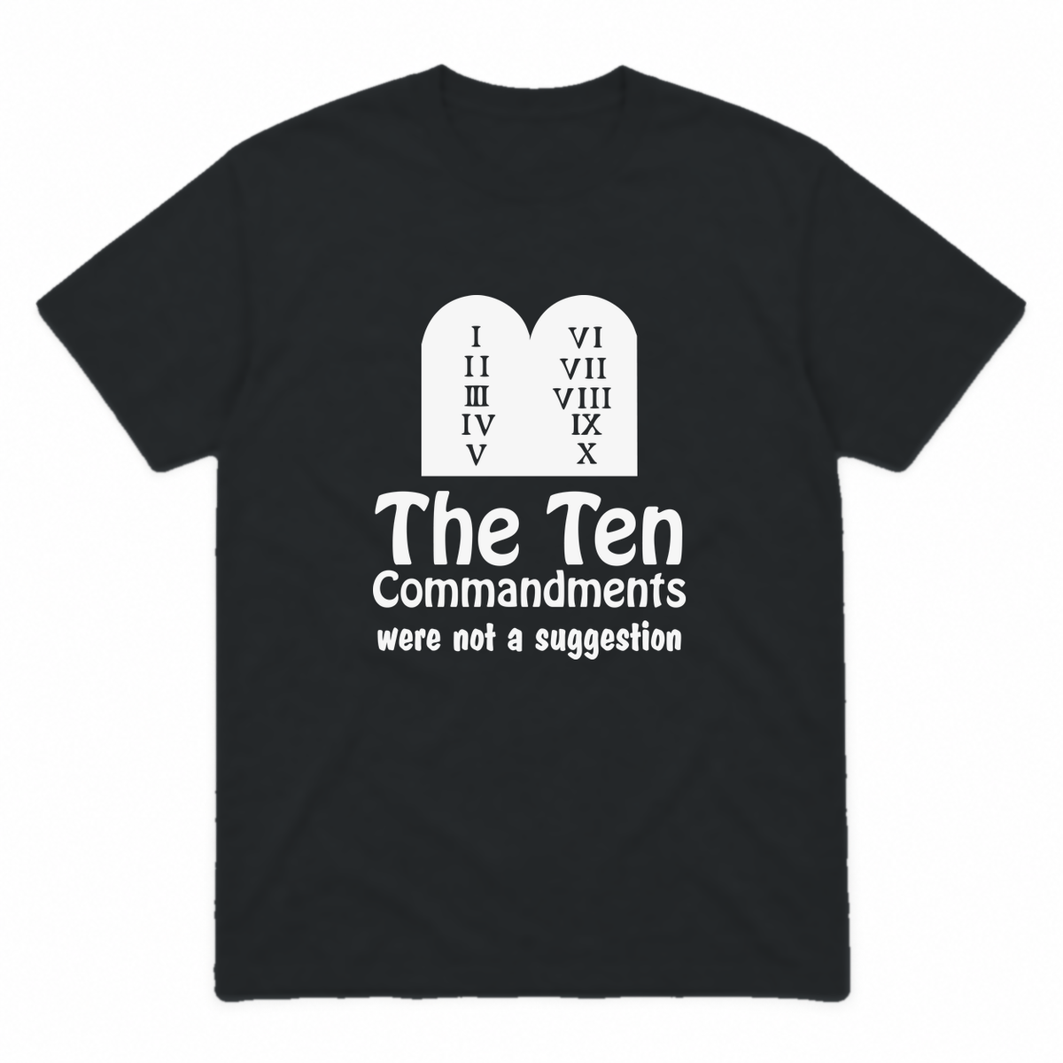 Ten Commandments graphic tee in black with white print, front view