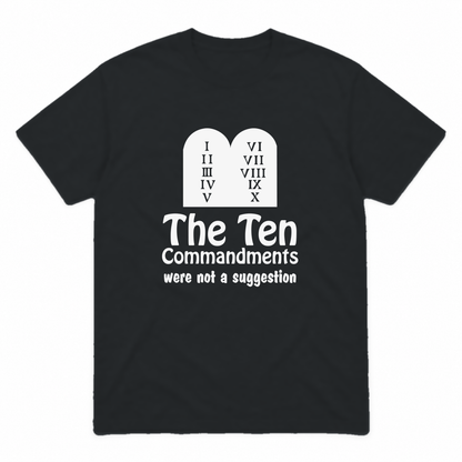 Ten Commandments graphic tee in black with white print, front view